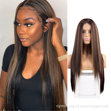 Vigorous Long Straight Synthetic Blend Wig Extension Heat Resistant Highlight Brown Black Women Lace Front Synthetic Hair Wigs